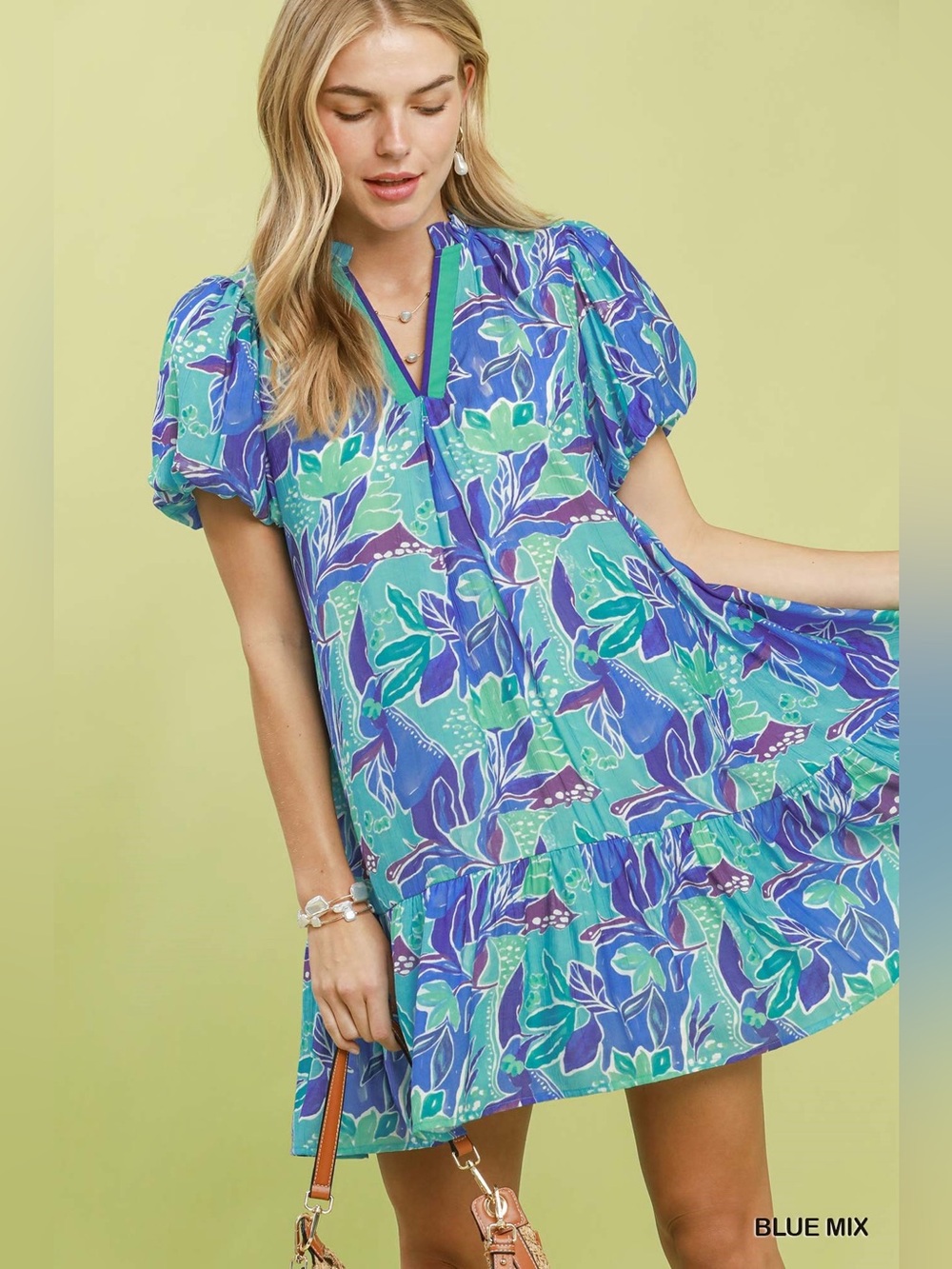 Umgee Tropical Floral Puff Sleeve Tiered Mini Dress